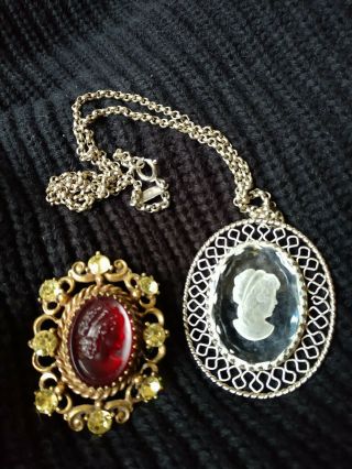 Vintage Whiting & Davis Glass Cameo Necklace And Cameo Rhinestone Brooch/pendant