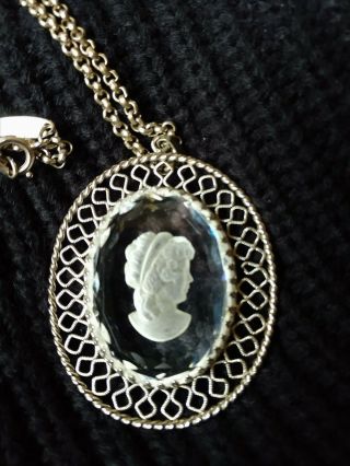 Vintage Whiting & Davis Glass Cameo Necklace And Cameo Rhinestone Brooch/Pendant 2