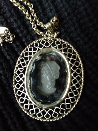 Vintage Whiting & Davis Glass Cameo Necklace And Cameo Rhinestone Brooch/Pendant 3