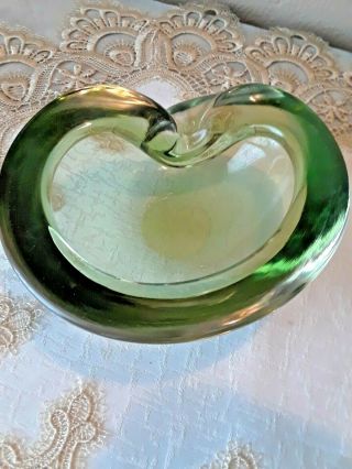 Vintage Mid - Century Murano Art Glass Hand Blown Leaf Green 6 1/4 " Wide Ashtray