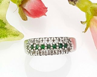 Vintage Italian Chunky Silver Pave Ring With Clear & Green Stones - Uk Size O 1/2