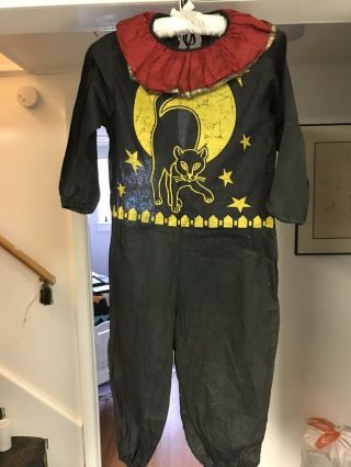 Vintage Child’s Halloween Costume Black Cat,  Yellow Moon,  Red Ruffle Around Neck