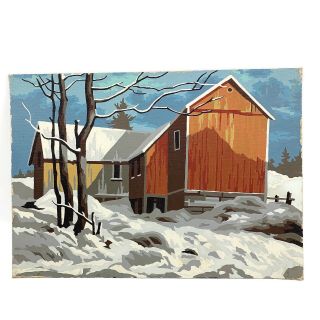 Vtg Finished Paint By Numbers Art Country Snow Scene Red Barn Mid Century