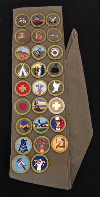 Boy Scout Eagle Merit Badge Sash,  26 Merit Badges; 1960’s Vintage
