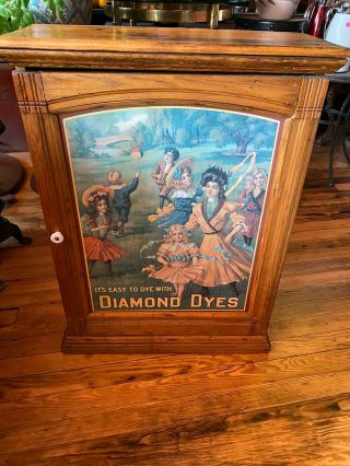 Antique Diamond Dyes Store Display Tin Litho & Oak Cabinet The Governess