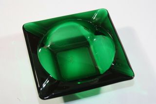 Vintage Emerald Green Glass Square Cigar Ashtray Mid Century Thick Large
