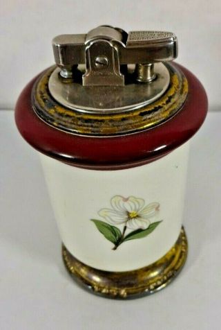 Vintage Ronson Viola Table Lighter Silver Plate Porcelain Dogwood Flowers Usa