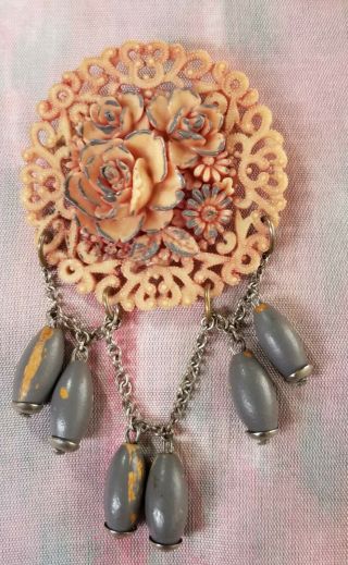 Vintage 1940s Hand Carved Celluloid Pink & Grey Floral Dangle Pin Brooch 2 " X 3 "