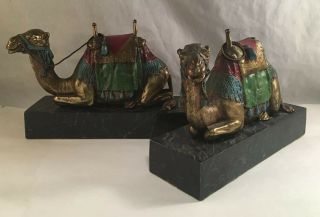 Antique Art Deco Camel Figural Cold Painted Bronze Bookends On Faux Marble Base