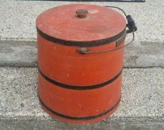Antique 19th C Wooden Firkin Rare Large Red Paint Steel Sugar Bucket Aafa Shaker
