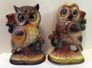 2 Vintage Ceramic Owl Figurine Japan 6” Shelf Display Collectible