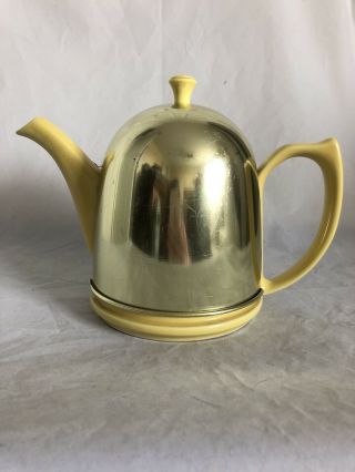 Vintage Hall Pottery Yellow Tea Pot With Gold Aluminum Cozy Cover - Usa