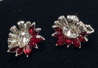 Vintage Signed Marvella Red & Clear Rhinestone Clip On Earrings - Gorgeous