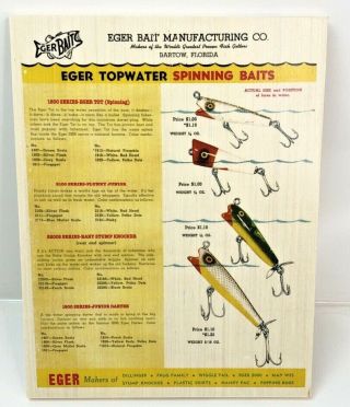 1952 Eger Baits Tot,  Plunky,  Knocker Color Print Ad Chart On Wood Fishing Lures