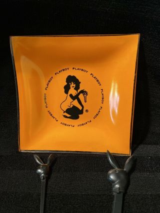 Vintage Playboy Orange Glass Ashtray / Dish 3 3/4 ",  Swizzle Stick & Toothpick