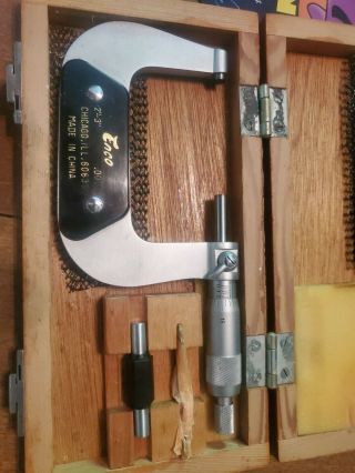Vintage Enco Mfg Co Model No.  605 - 03 Micrometer.  Wooden Box; 2 " - 3 " 0001