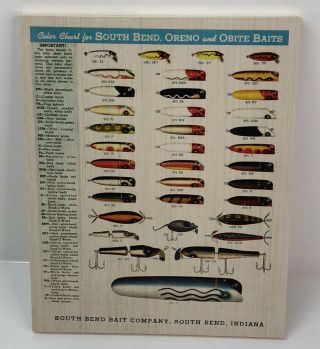 South Bend Oreno & Obite Baits Color Print Ad Chart On Wood Old Fishing Lures