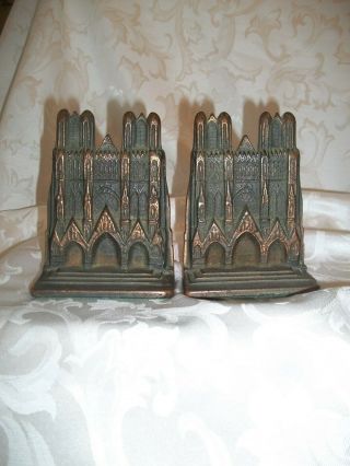 Vintage Cathedral Bronzed Cast Iron Bookends 5 - 1/2 In.  H.  X 4 - 1/8 In.  W