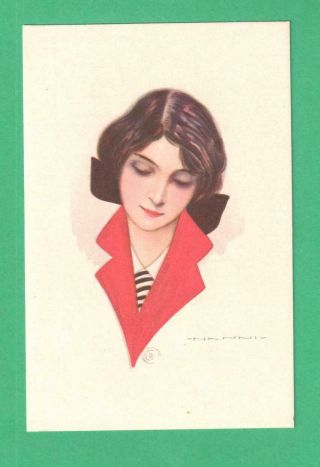 Vintage Nanni Portrait Art Postcard Lady Striped Tie Red Collar