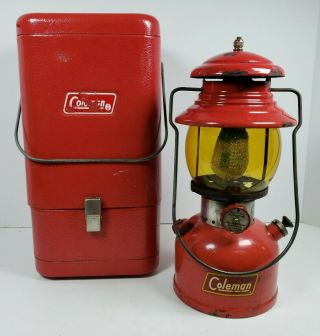 Vintage Red Coleman Lantern 1/58 Model 200a W/amber Glass & Steel Clamshell Case