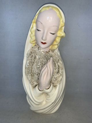 Vintage 1960s - 70s Ceramic Virgin Mary Praying Bust Figure With Lace Hand Painted