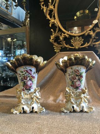 Antique 19th Century Old Paris Porcelain Gilt Hand Painted Vases