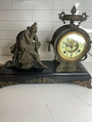 Antique Figural Mantle Clock With Open Escapement And Knight With Sword W/o Key
