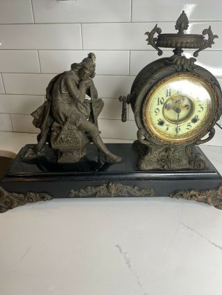Antique Figural Mantle Clock With Open Escapement And Knight With Sword W/o Key 2
