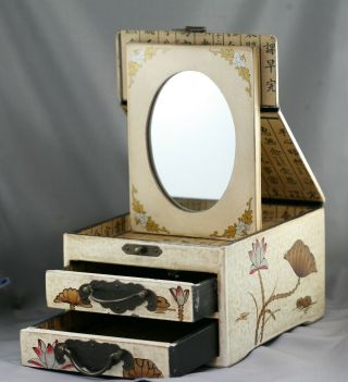 Vintage Chinese Hand Painted Wood & Lacquer Makeup Box W/two Drawers