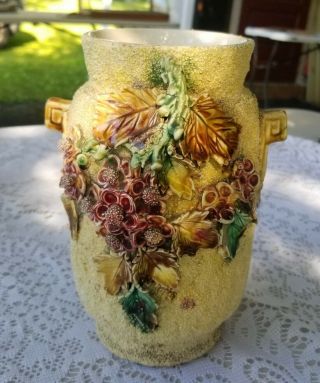 Antique Vintage Sand Majolica Vase With Large Applied Flowers 8 " Tall