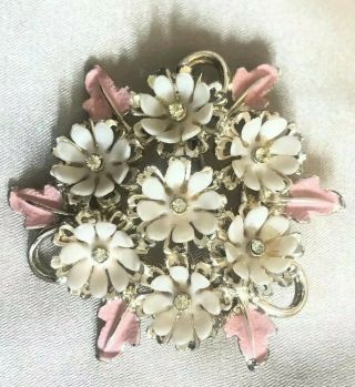 Vintage Art Pink Enamel White Rhinestone Flower Brooch Pin