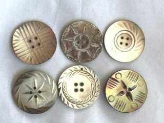 Vintage Six 4 Hole 1 1/8 " Carved Mother Of Pearl Buttons Pearl Grey Color R7202
