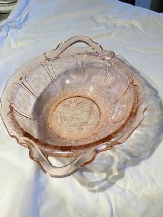 Vintage Jeanette Cherry Blossom Pink Depression Glass Handled Serving Bowl