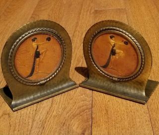 Rare Antique Roycroft Hammered Copper Bookends Arts & Crafts Hand - Tooled Leather