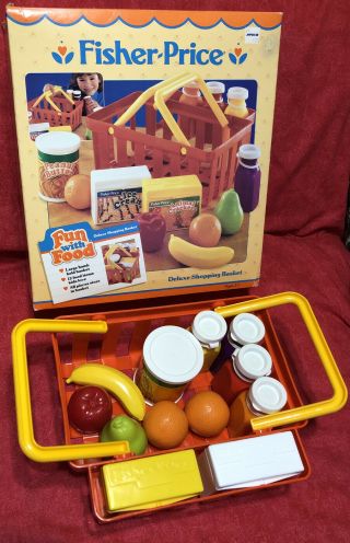 Vintage Fisher Price Fun With Food Grocery Shopping Basket & Food