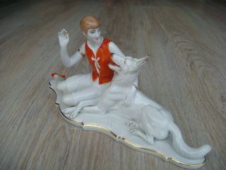 RRR RARE Antique Rosenthal Porcelain Woman with Dog Figurine T.  Karner 2