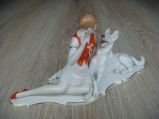 RRR RARE Antique Rosenthal Porcelain Woman with Dog Figurine T.  Karner 3