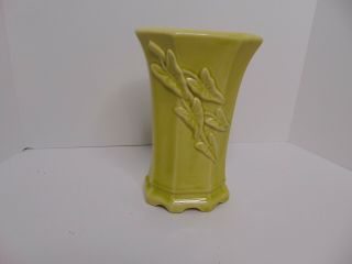 Vtg Kiwi Green Pottery Vase With Embossed Ivy Leaves
