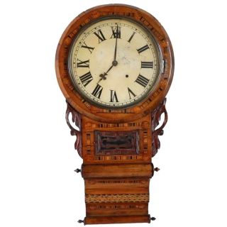 Antique English Victorian Tunbridgeware Inlaid Drop Dial Wall Clock 19th Century