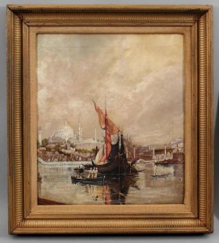 Antique Orientalist O/c Oil Painting,  Constantinople Harbor,  Blue Mosque,  Nr