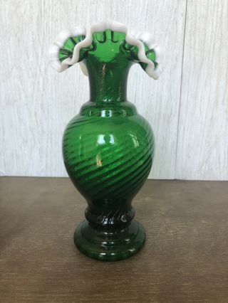 Vtg Fenton Emerald Green Snow Crest Vase 9 Tall Dc Spiral