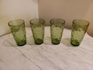 Set Of 4 Vintage 24oz Avocado Green Thumbprint Coin Dot Glasses Wide Mouth 6 In.