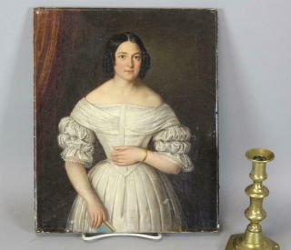 A Very Fine 19th C American Oil/canvas Portrait Of A Young Woman In White Dress