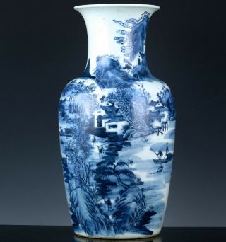 Large 19thc Chinese Qing Dynasty Canton Blue & White Mountain Landscape Vase