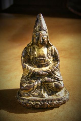 Small 19th C.  (or Earlier) Gilded Tibetan Bronze Figure Of Tsongkhapa