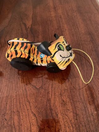 VINTAGE FISHER PRICE TAWNY TIGER PULL TOY 654 WOODEN 1961 USA GUC 2