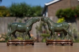 Antique Chinese Early 20thc Republic Period Pair Spinach Jade Horses Wood Stands