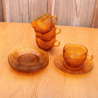 4 Vintage Tiara Amber Sandwich Glass Cups And Saucers