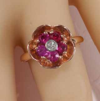 Glam Antique Retro 14k Rose Gold Natural Ruby & Diamond Poppy Flower Ring.  80ct