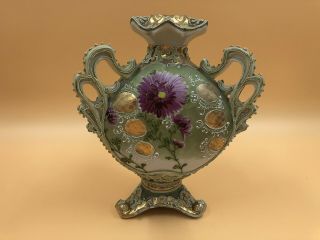 Vintage Nippon Rare Antique Moriage 3 Handled Vase Gold And Flowers 8 1/4 " Tall